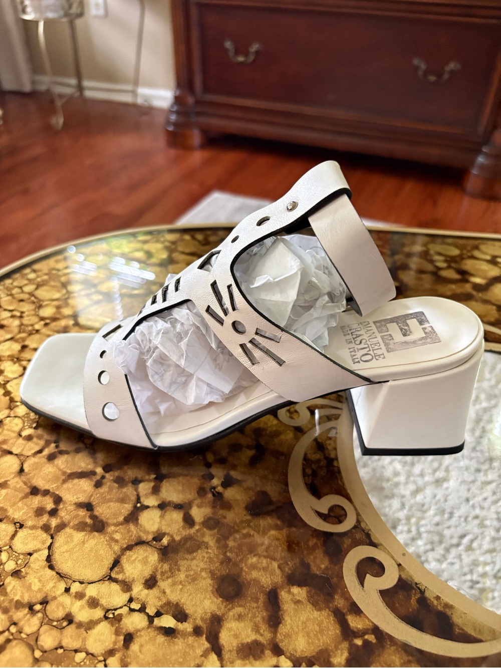 Women's White Leather Cutout Slide Sandals with Block Heel